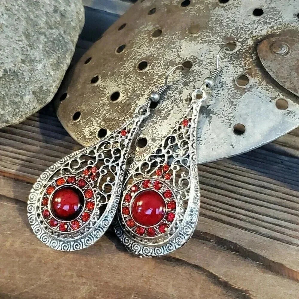 NEW Vintage 90s Lacy Red Antique Silver Acrylic Crystal Teardrop Earrings